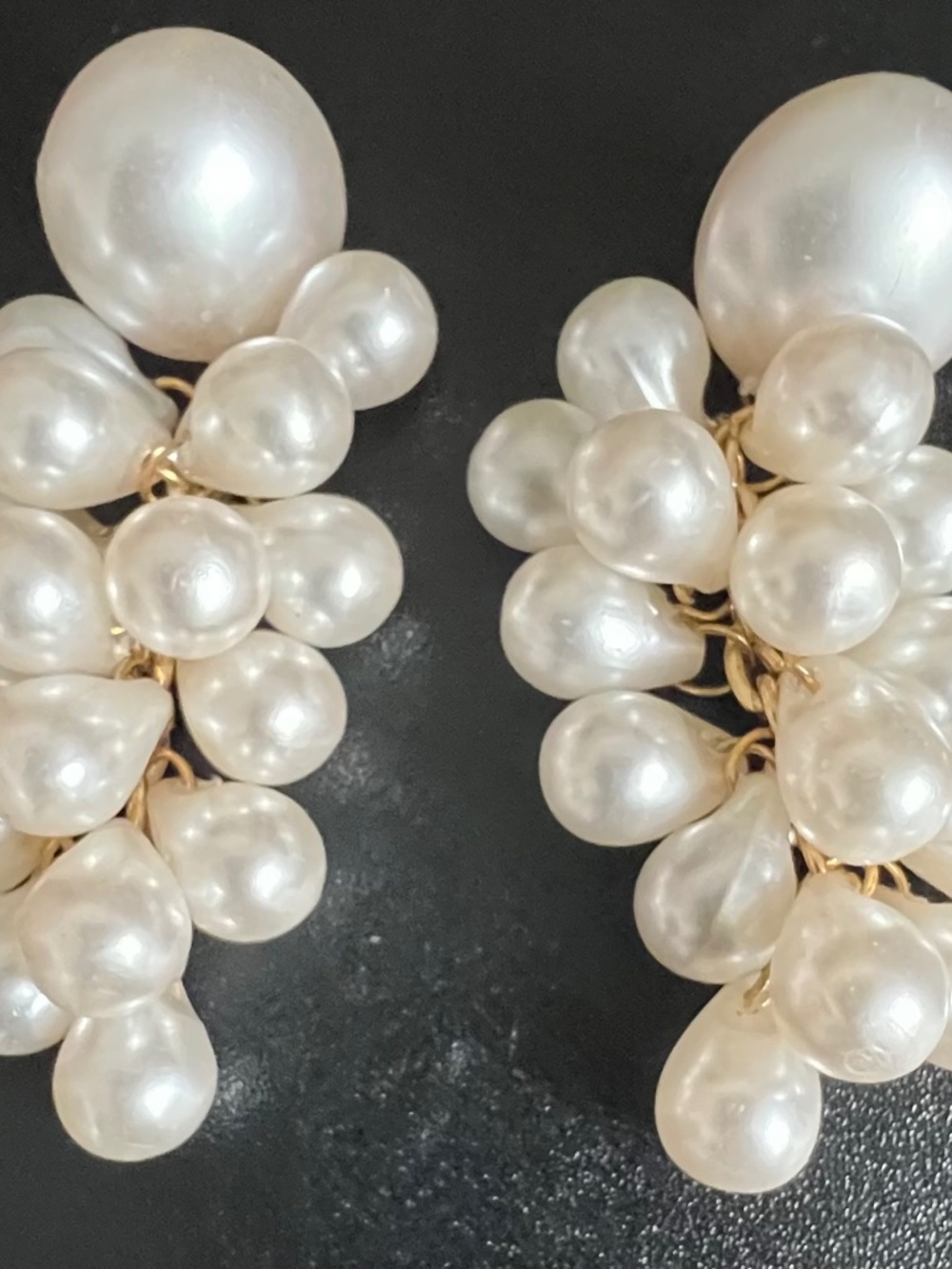 Vintage Pearl Grape Cluster Statement Retro Earrings Lightweight Gold Tone Post